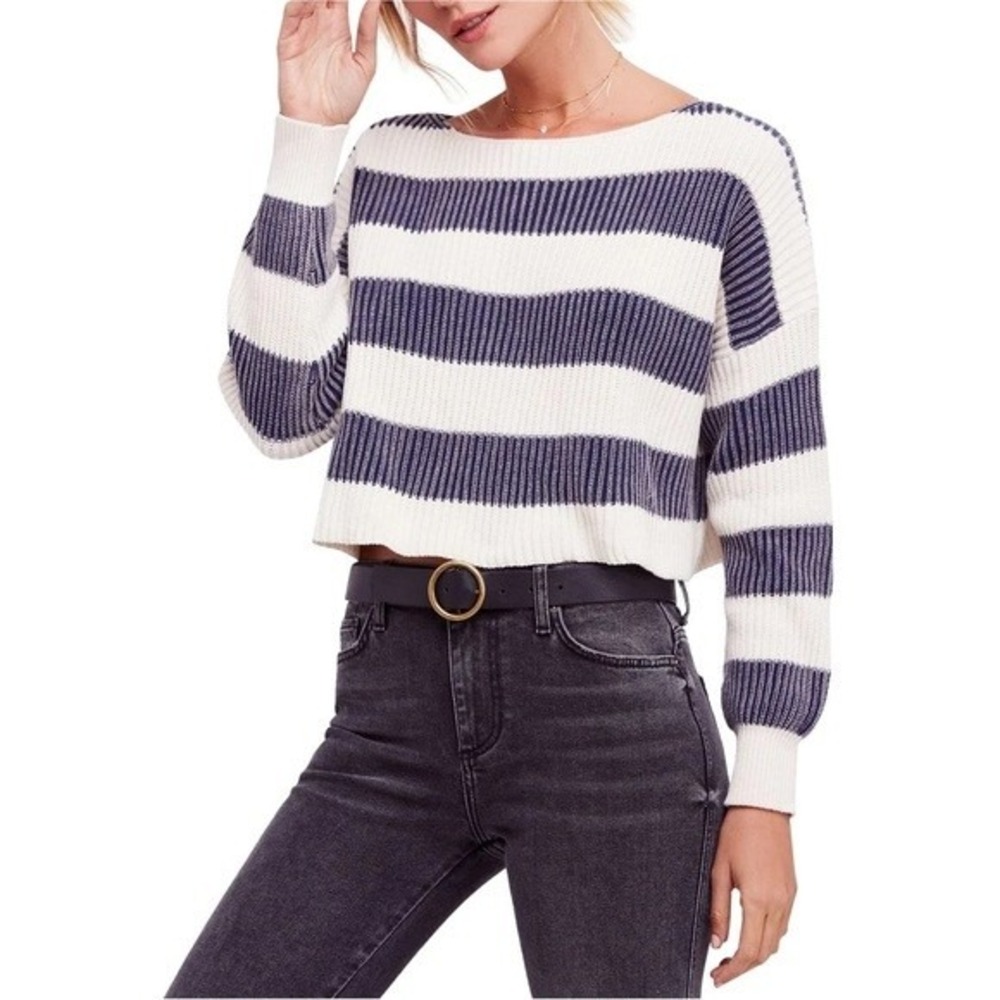 Free People Just my Stripe Sweater Crop Navy Blue White Cotton Ribbed Knit Small
